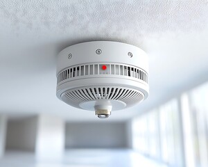 Modern, round, white, ceiling-mounted fire detector.  A safety device, centrally positioned, with a glowing red indicator, designed for residential or commercial use