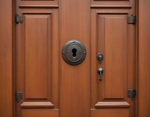Obraz premium brown wooden door with glass. Keyhole and metal handle of a wooden door.
