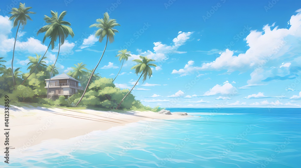 Aufkleber 青い空と海と白い砂浜にヤシの木が並ぶ夏の楽園風景 海岸沿いの穏やかな風景