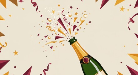 Champagne Bottle Popping Open, Geometric Illustration
