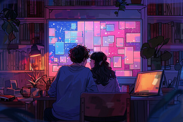 Couple looking at digital screen in cozy room filled with books and plants at night. 