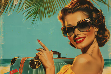 Smiling retro woman with sunglasses and suitcase, painted style, tropical beach background, concept of vintage travel and vacation mood