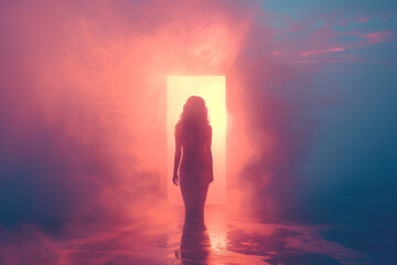 Silhouette of woman standing in glowing doorway surrounded by colorful misty light. 
