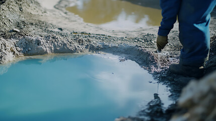 Miner testing the water quality in a lithium extraction pond. Featuring water quality check