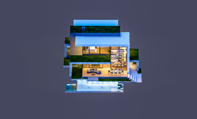 3d rendering of flat roof house with parking and pool for sale or rent with concrete facade and beautiful landscaping on background. In night isolated on black