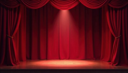 Fototapeta premium Crimson velvet curtains frame a stark, empty stage bathed in single spotlight , dramatic lighting, dramatic background