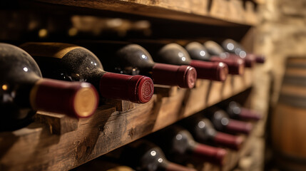 Bottles of wine with red caps on wooden shelves in a wine cellar. Red wine, bar. Warm colors, dark cozy atmosphere.	