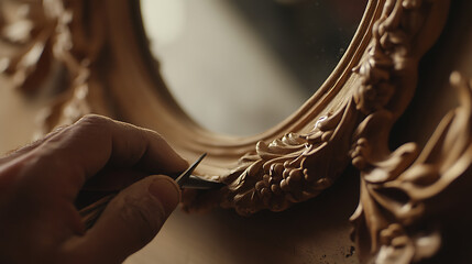 Carpenter crafting a custom wooden frame for a mirror. Highlighting woodworking and interior design