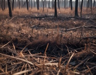 burned grass from fire. Brown natural background. Burned land, grass and leaves in spring wood. Horizontal color photography. selective focus.