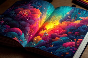 Colorful art book open on a wooden table, vibrant cosmic illustrations, inviting creative exploration and inspiration.