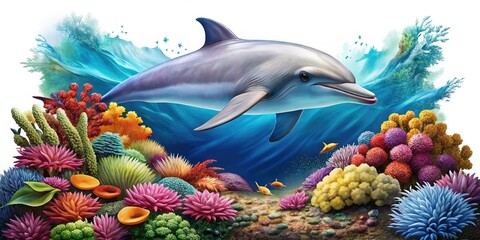 Fototapeta premium Elegant Dolphin Coral Reef Photography: Underwater Wildlife Stock Photo