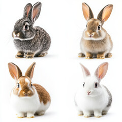 Four Adorable Bunnies: Four adorable rabbits in different fur colors, including gray, brown, orange and white, pose charmingly in a captivating image. The focus is on their fluffy fur.