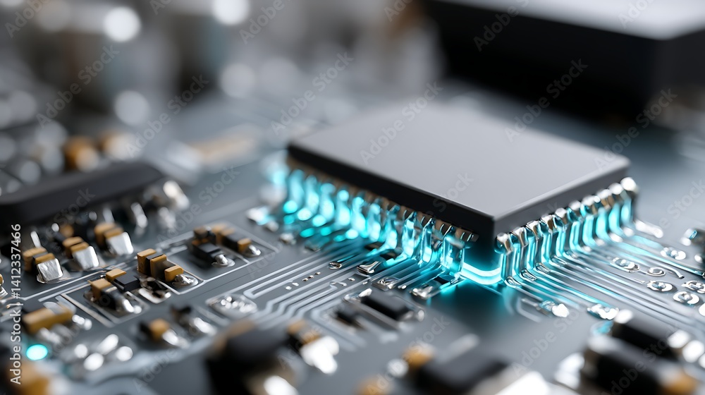 Poster a close-up of a modern microchip on a circuit board highlighting technology and innovation