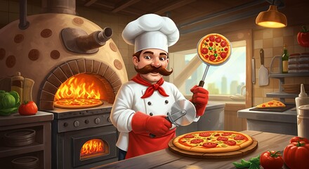Cartoon chef cooking delicious pizza