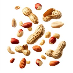 various nuts flying in the air, white background