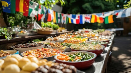 Delicious food from around the world served buffet style on a table outdoors with international flags hanging in the background.
