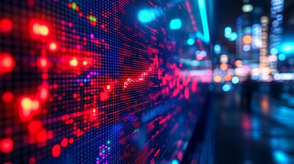 Obraz premium A vibrant display of financial data with a night cityscape backdrop.