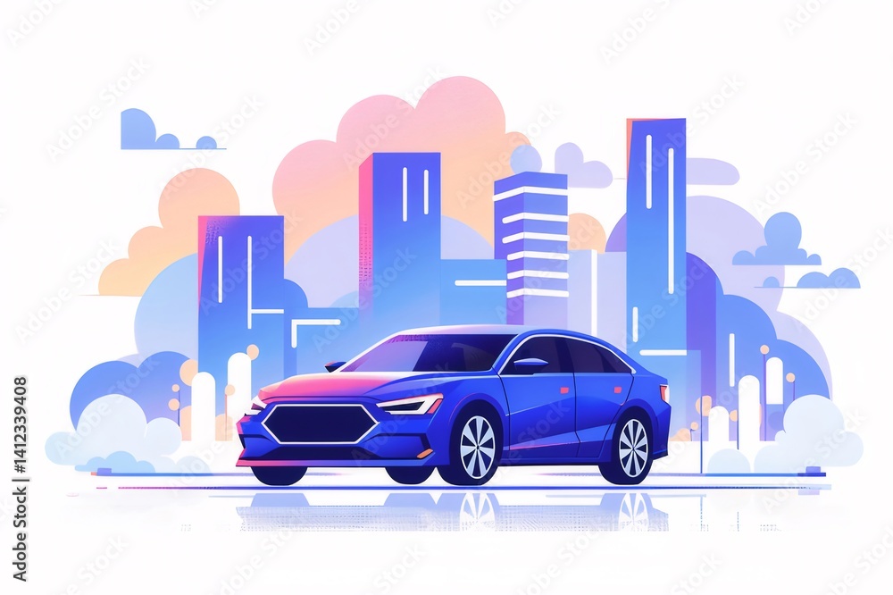 Poster 青いスポーツカーと都市のシルエット 白い背景にカラフルな空と建物 ベクトルグラフィックイラスト