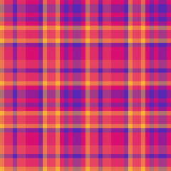 Vibrant plaid pattern in bold pink, orange, and purple hues.  Ideal for textile design, fashion, websites, and branding.