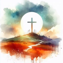 Obraz premium Watercolor Cross on a Hill at Sunset – Christian Hope and Resurrection Concept. AI generated illustration