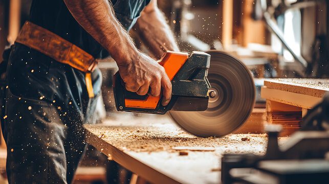 Carpenter cutting wood for a custom bookshelf. Precision and craftsmanship