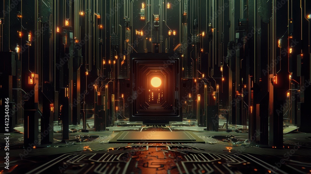 Poster circuit board pattern fading into a dark abstract gradient