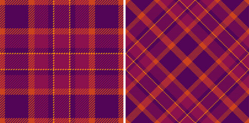 Seamless plaid pattern set. Classic tartan texture in purple, orange, and burgundy hues. Ideal for textile, fashion, or festive backgrounds.