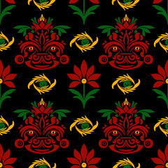 seamless floral pattern, monkey , red , forest, black 