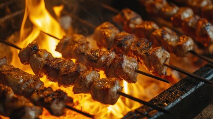Delicious grilled skewers sizzling over an open flame, capturing the essence of street food at its finest.