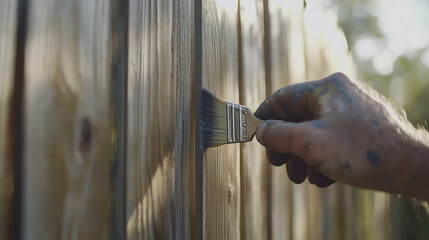 Obraz premium Painter applying a fresh coat of paint on a wooden fence. Featuring exterior painting