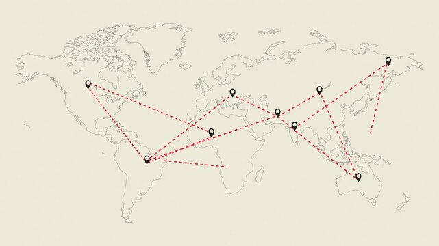 World map with global destination location concept for vintage model animation, 4k.