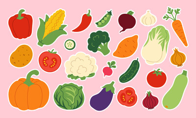 A colorful assortment of fruits and vegetables are scattered across a pink background. Concept of abundance and freshness, with the various fruits and vegetables representing the diversity