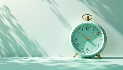 Vintage alarm clock casting shadows in soft mint green light  