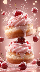 A hyper-realistic cinematic shot of four cinnamon rolls with cherries, floating gracefully in mid-air against a warm pastel brown background. The golden-brown swirls of the pastries are perfectly text