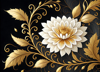 Ornate Gold and White Floral Illustration on Black