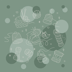 Set with cute cat, balls of yarn and containers color. Outline illustration for your projects.