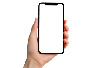 Cell phone in hand mockup, transparent screen for custom app display