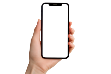 Cell phone in hand mockup, transparent screen for custom app display