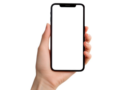 Cell phone in hand mockup, transparent screen for custom app display