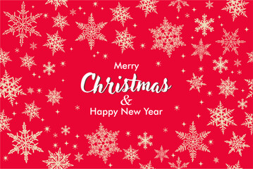 Merry Christmas and Happy New Year greeting card vector template. Traditional festive congratulation. Winter holidays attributes. Snowflakes and stars on red background. Xmas items postcard design.