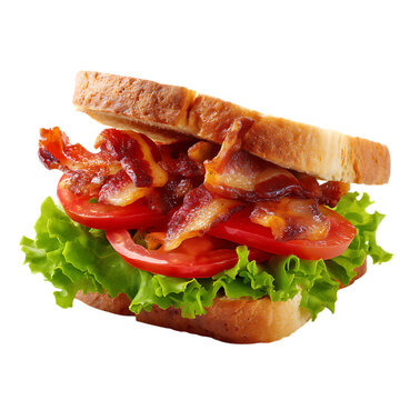 Close up of a blt sandwich with bacon lettuce and tomato slices