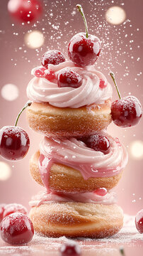 A hyper-realistic cinematic shot of four cinnamon rolls with cherries, floating gracefully in mid-air against a warm pastel brown background. The golden-brown swirls of the pastries are perfectly text