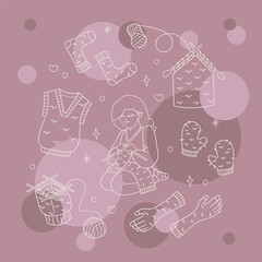 A set with a knitting girl and knitted clothes color. Outline illustration for your projects.