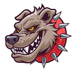 Angry dog head in a spiked collar vector illustration on the white background.