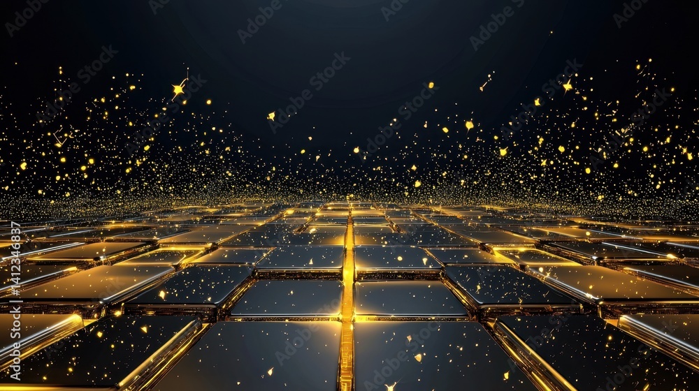 Poster glowing abstract yellow grid with luminous tech elements