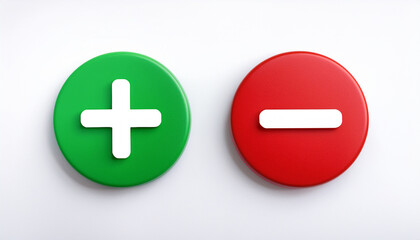 Bright green plus and red minus 3D icons. Minimalistic design. Isolated on white backdrop.