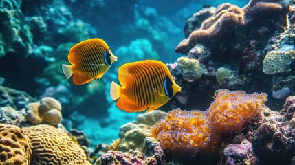 Obraz premium Coral reef, tropical fish, warm ocean, and clear water