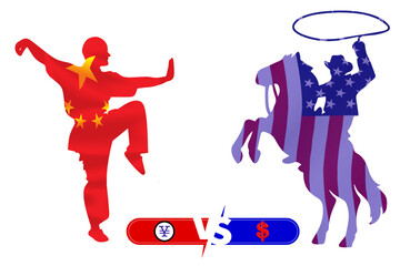 Vector illustration of China vs USA trade war with symbolic figures, tariff ship, and currency clash, on transparent background for easy editing.