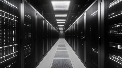 A long corridor with server racks on both sides in a data center.