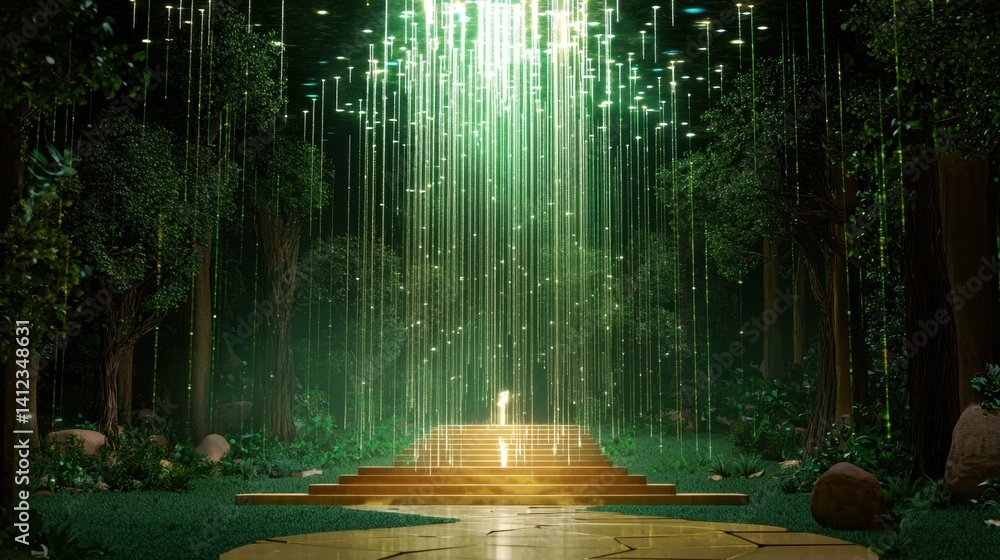 Poster green digital rain cascading down in a matrix-style abstract scene
